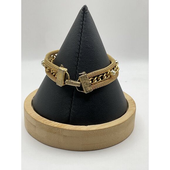 Vintage Gold-Tone Chain Link Bracelet With Faux Pearl Accents & Mesh Detailing - Picture 2 of 3